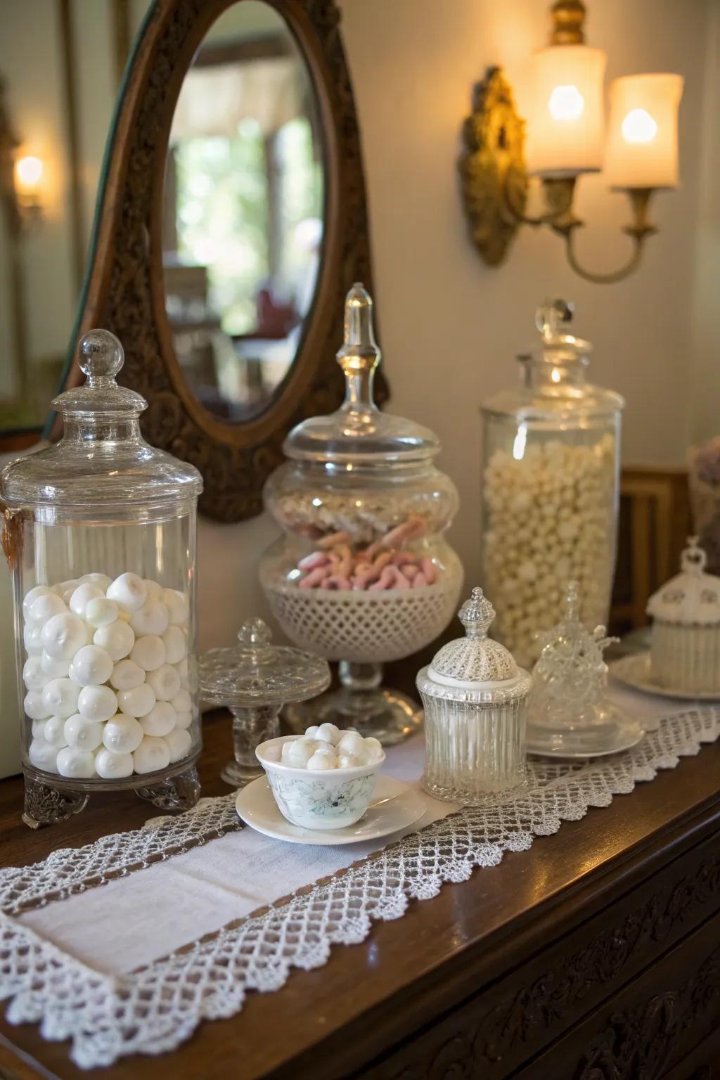 Porcelain and glass containers enhance the vintage vanity's charm.