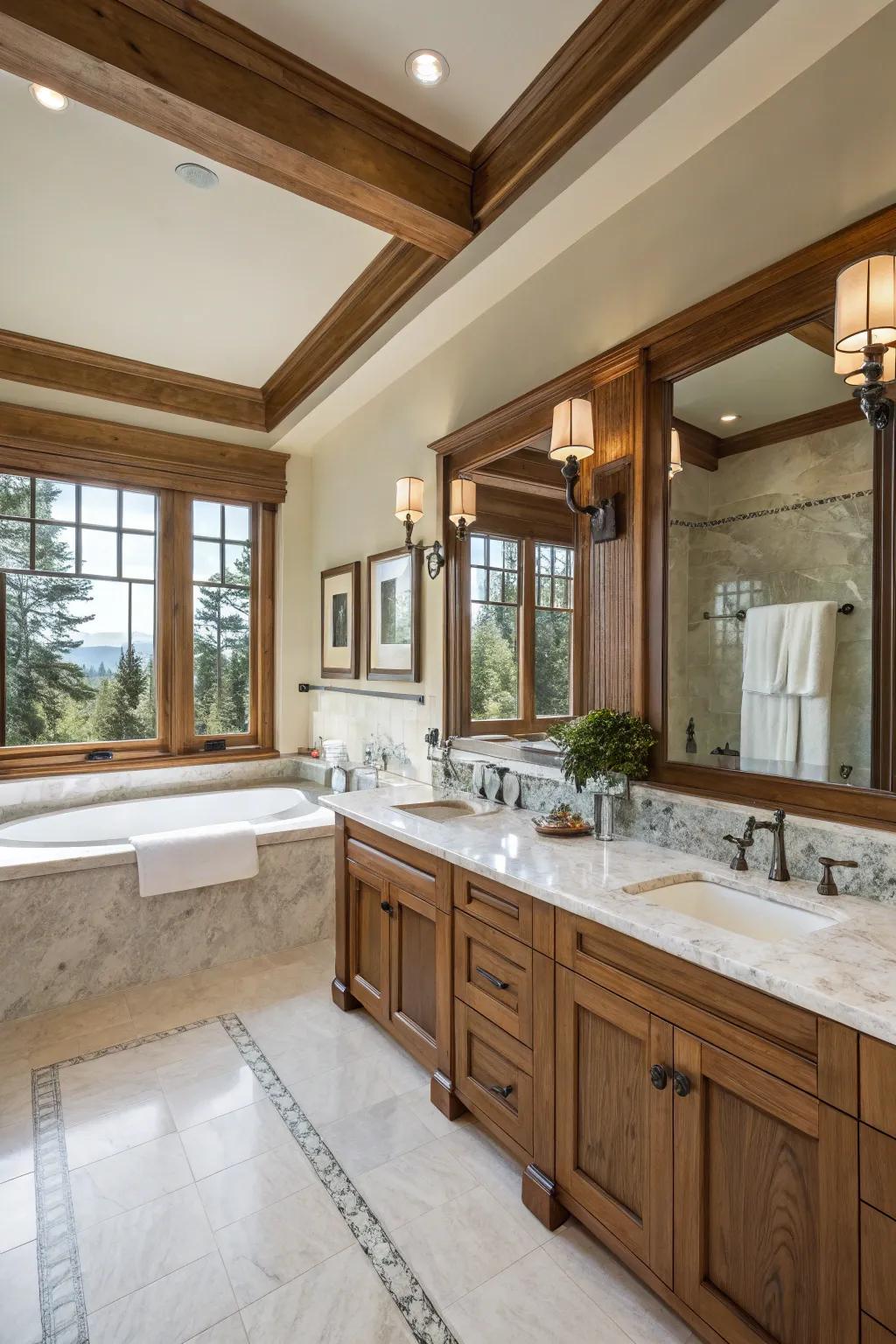 Elegant bathroom with marble countertops and rich wooden details