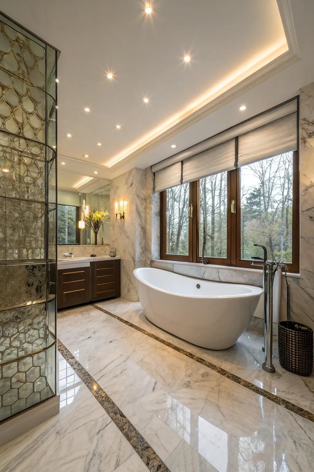 Sleek freestanding bathtub in a modern lavish bathroom