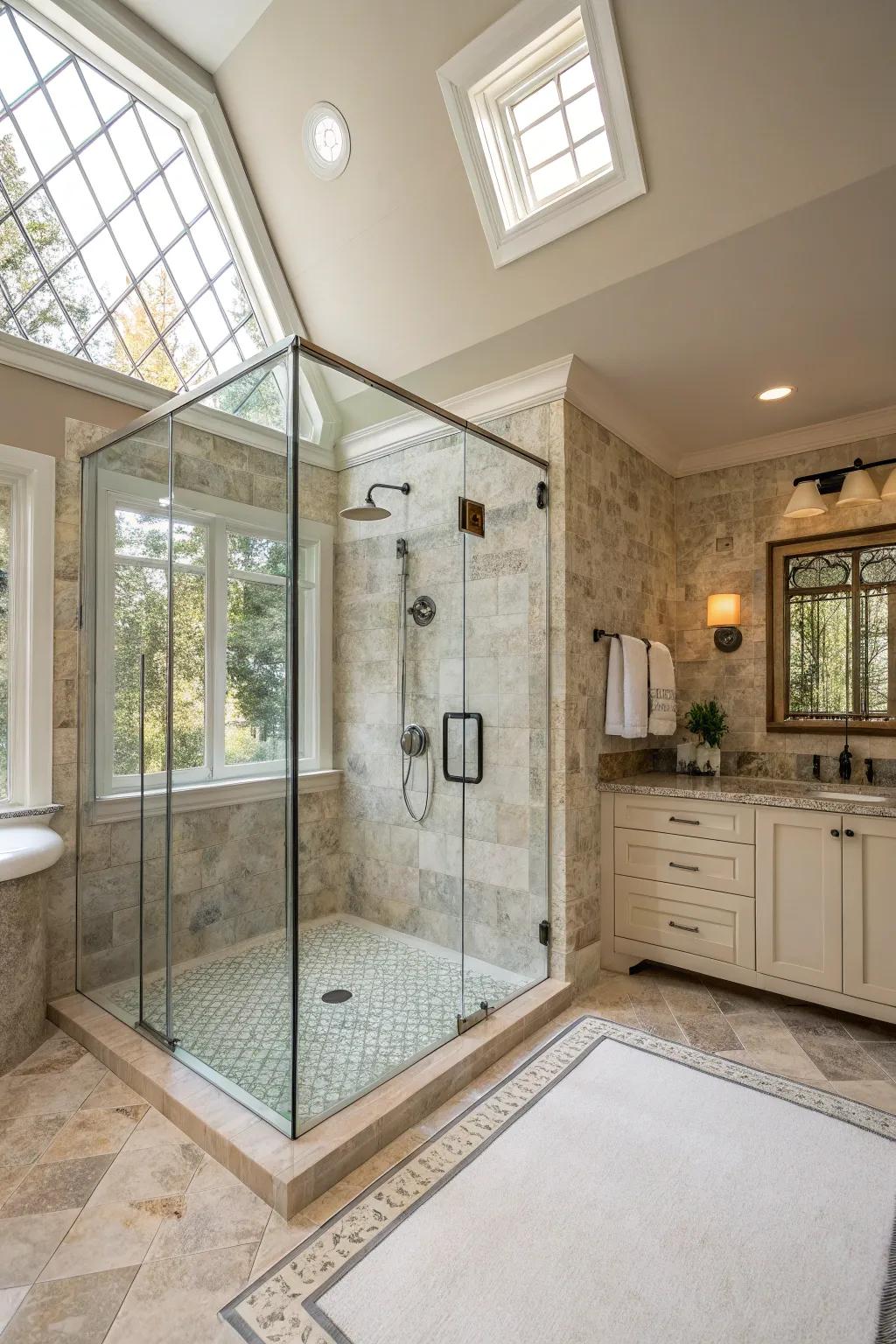 Open glass-enclosed shower with rainfall showerhead