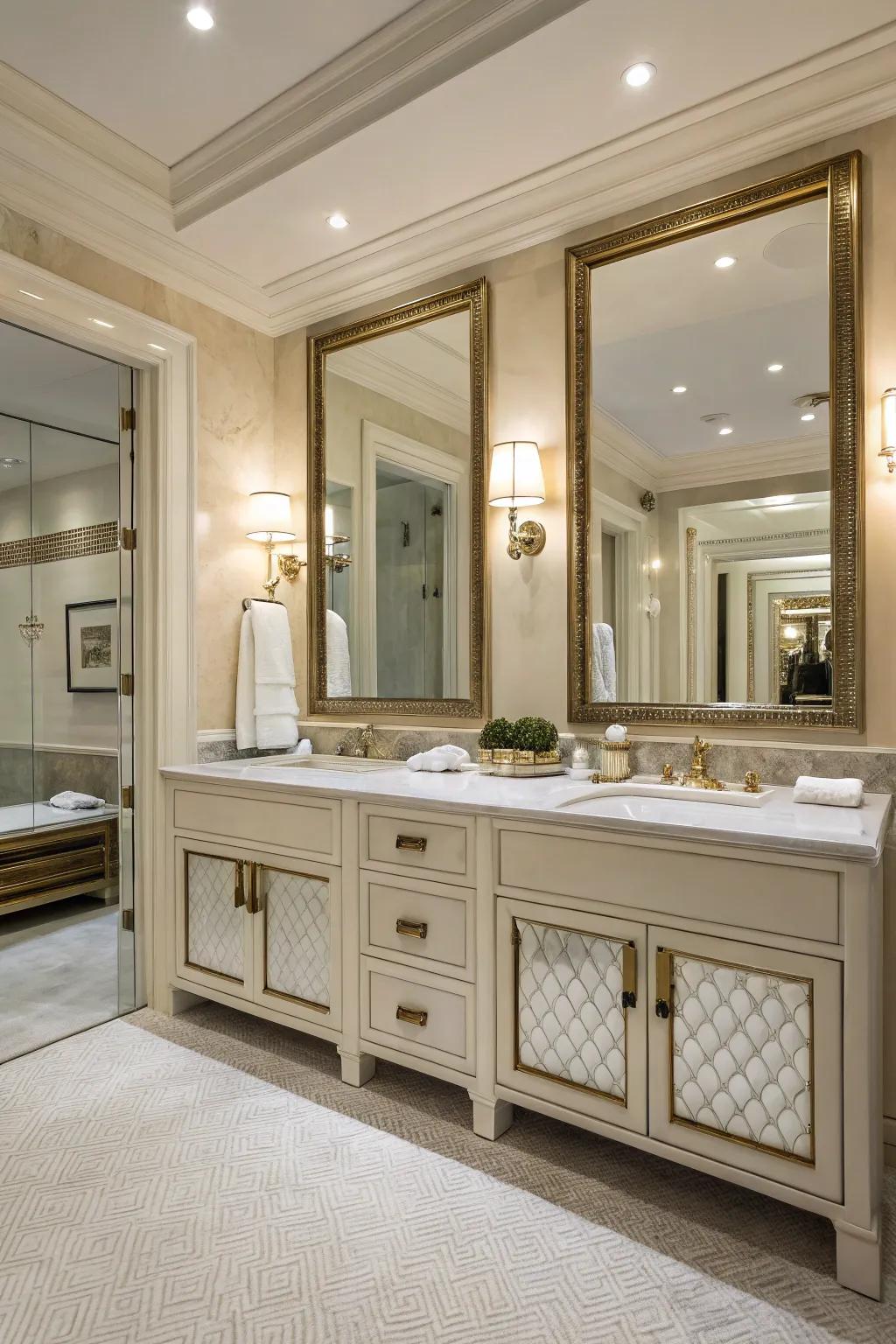 Chic bathroom featuring double vanities and upscale mirrors