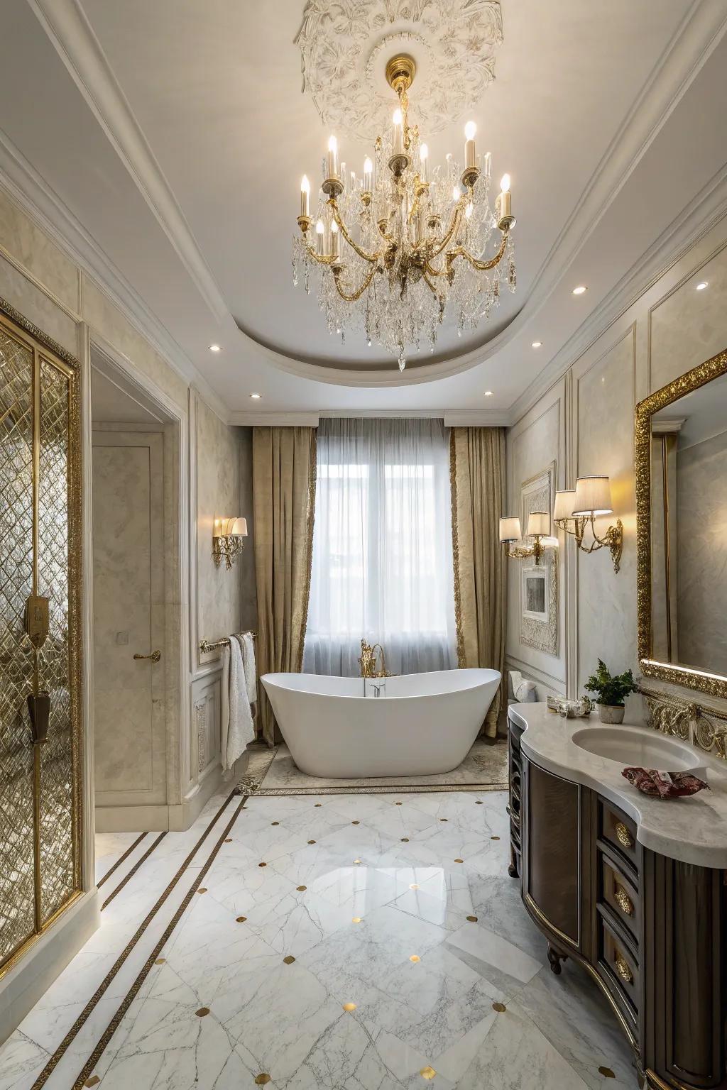 Glamorous bathroom with chandelier lighting