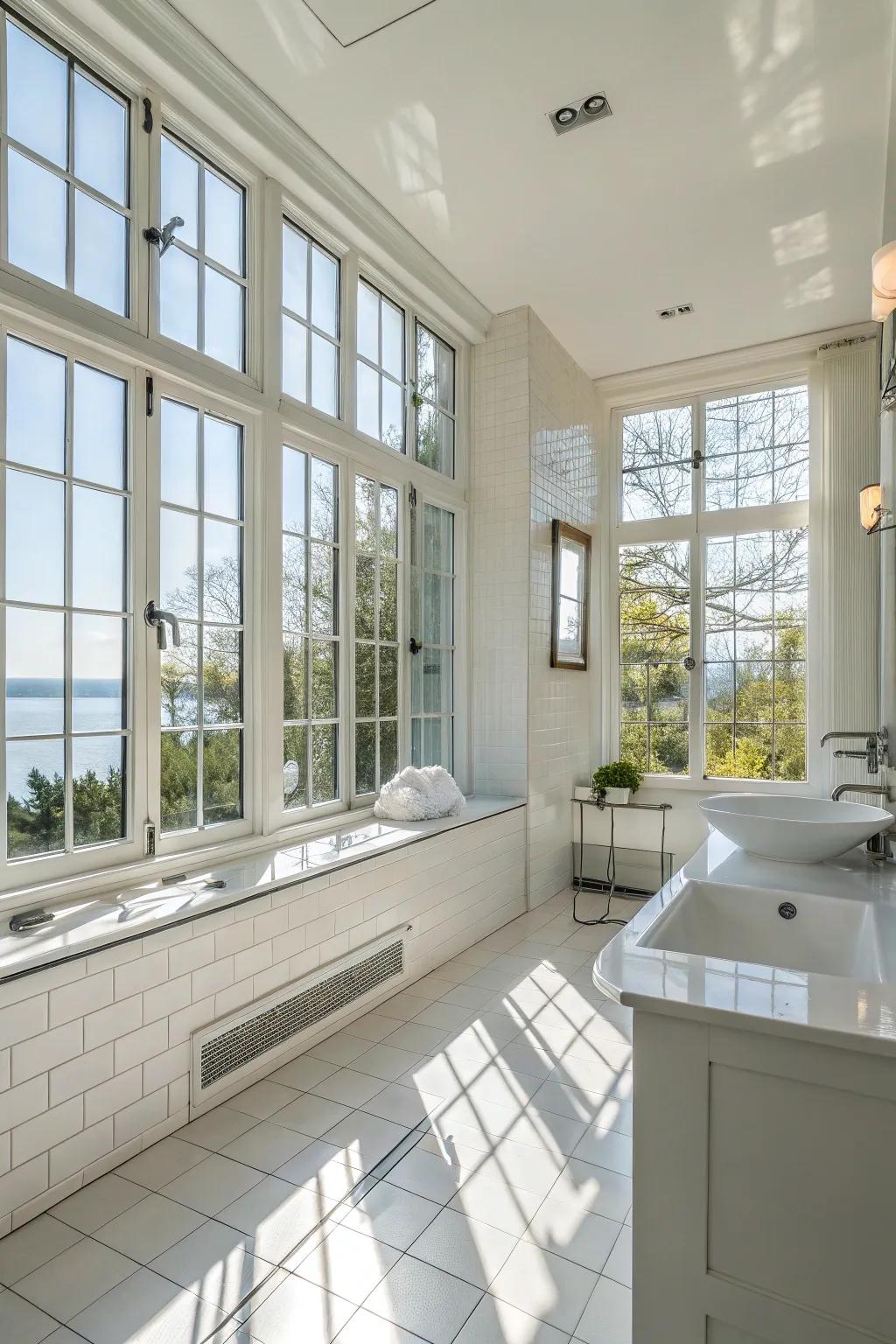 Bathroom bathed in bright natural light from large windows