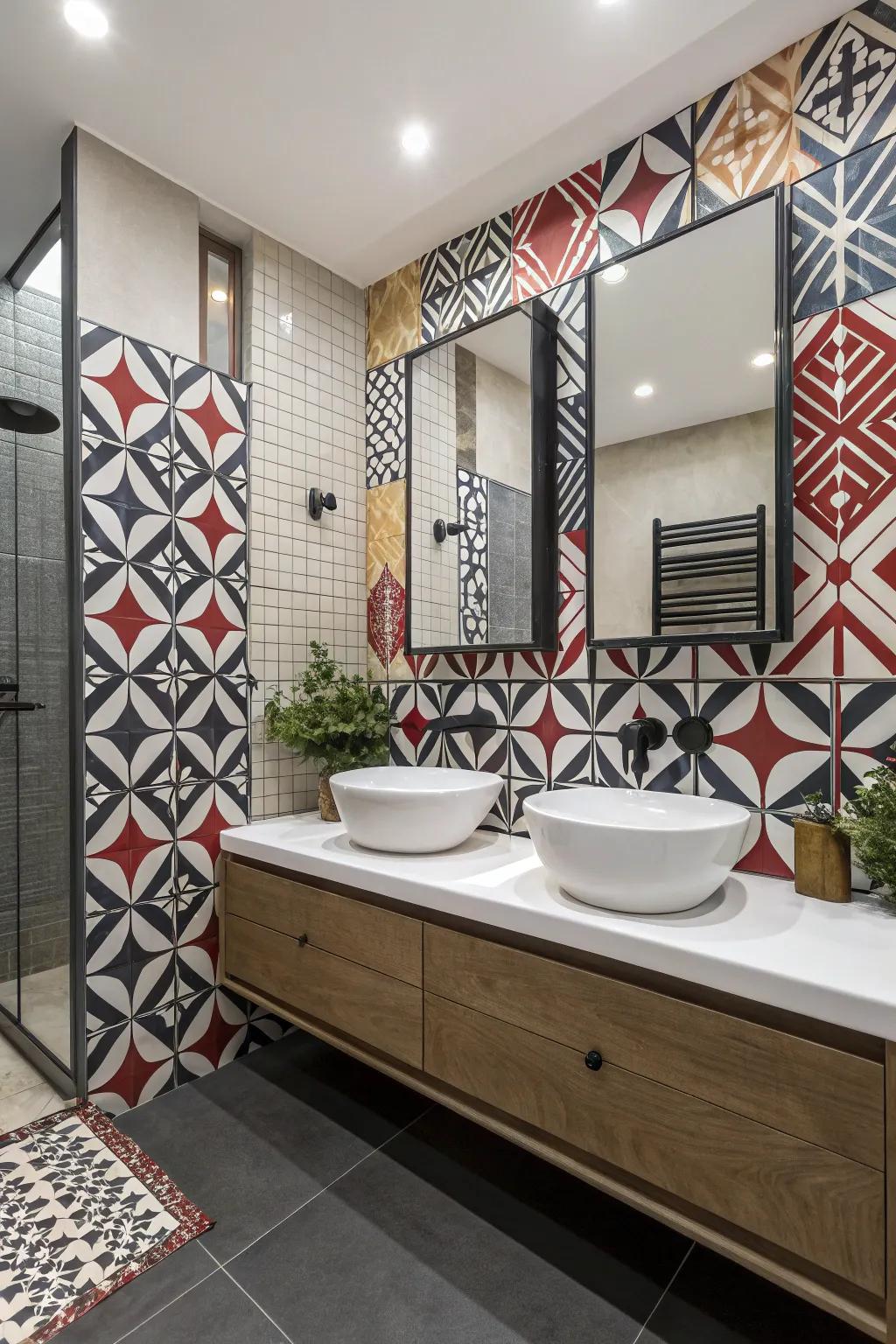 Bathroom adorned with bold patterned tiles adding visual interest