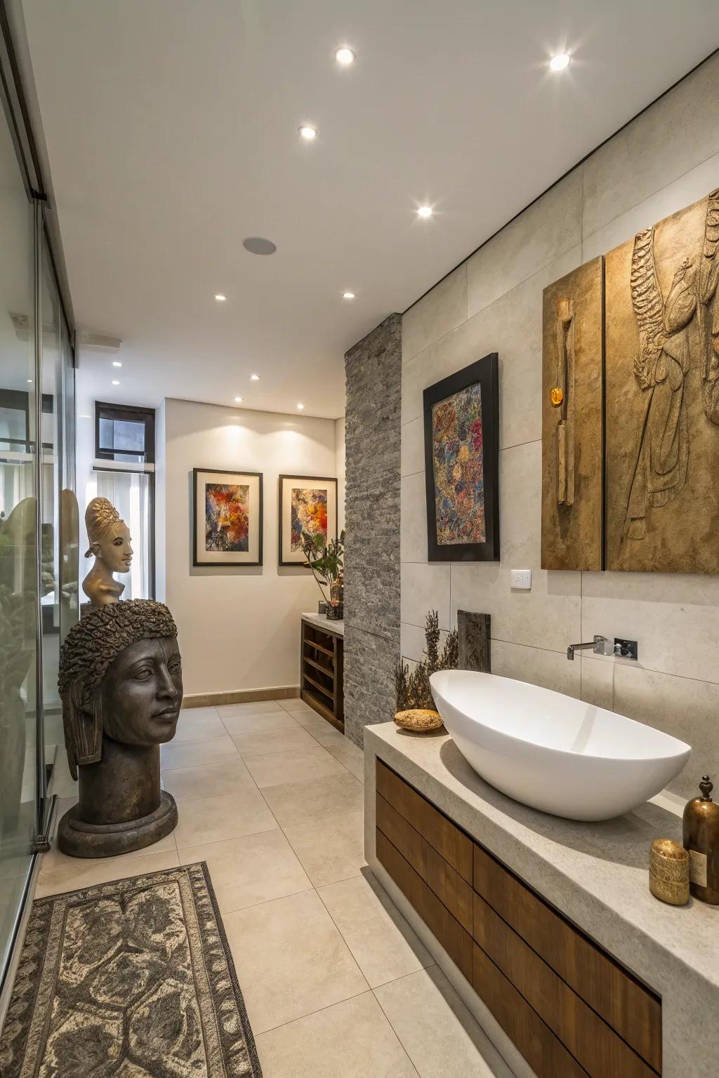 Bathroom transformed with artistic expressions enhancing ambiance