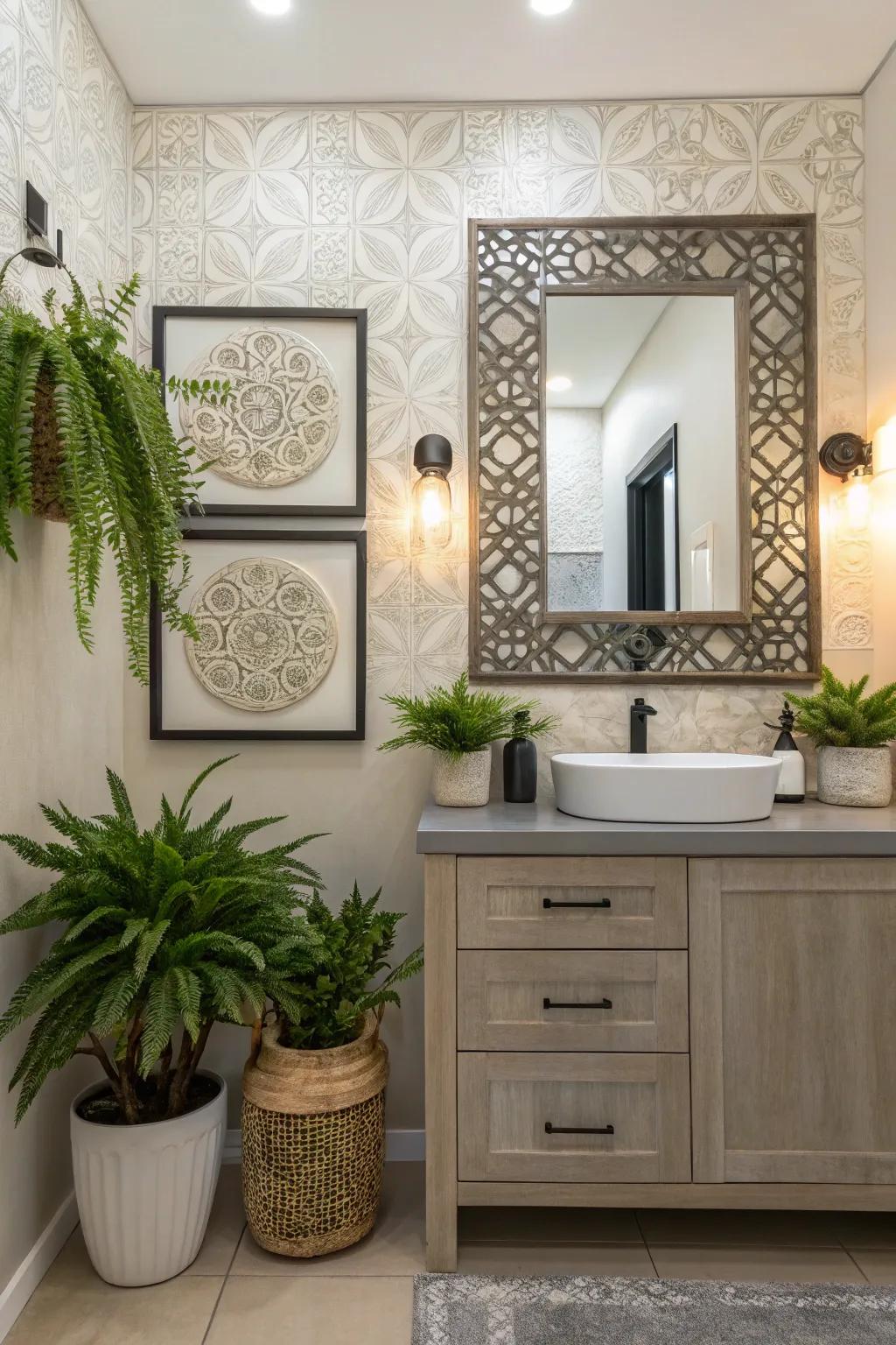 Bathroom enriched by lush plants and tasteful wall decor