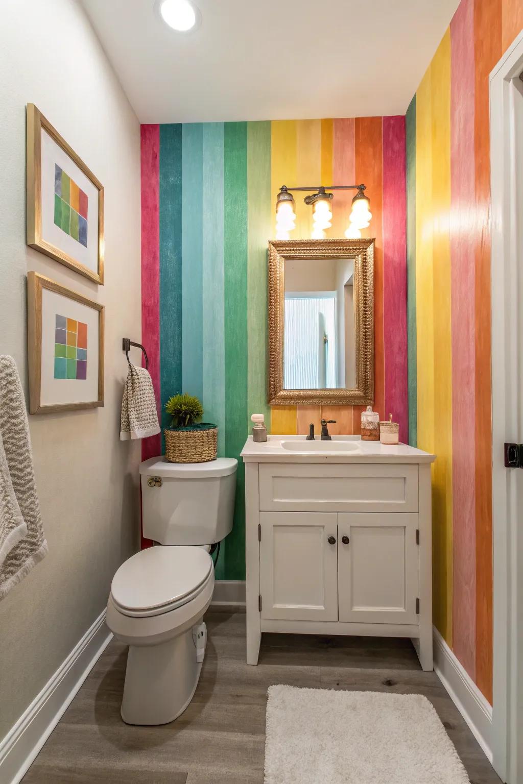 Powder room with striking multicolored feature wall