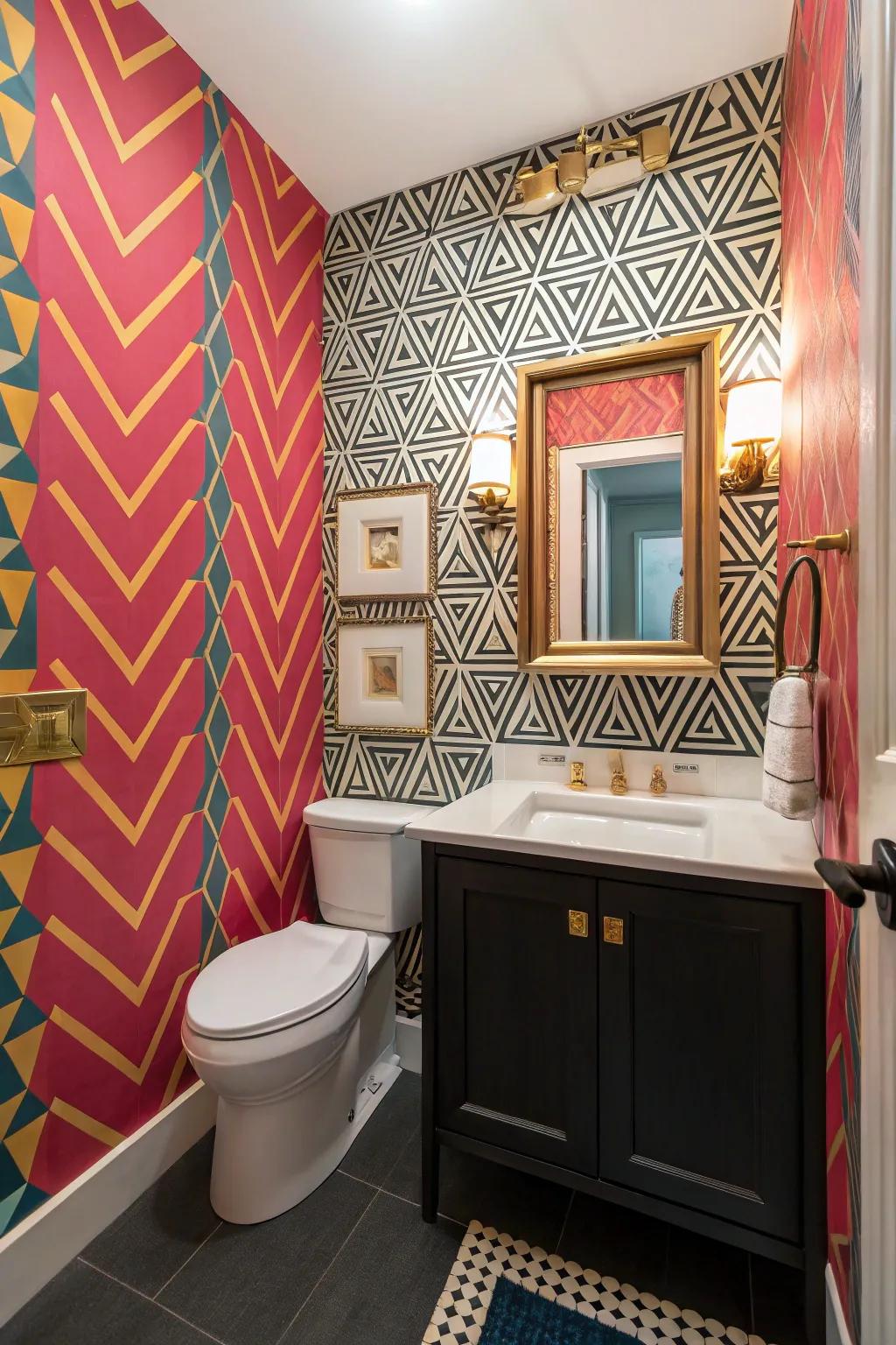 Geometric patterned wallpaper in a powder room