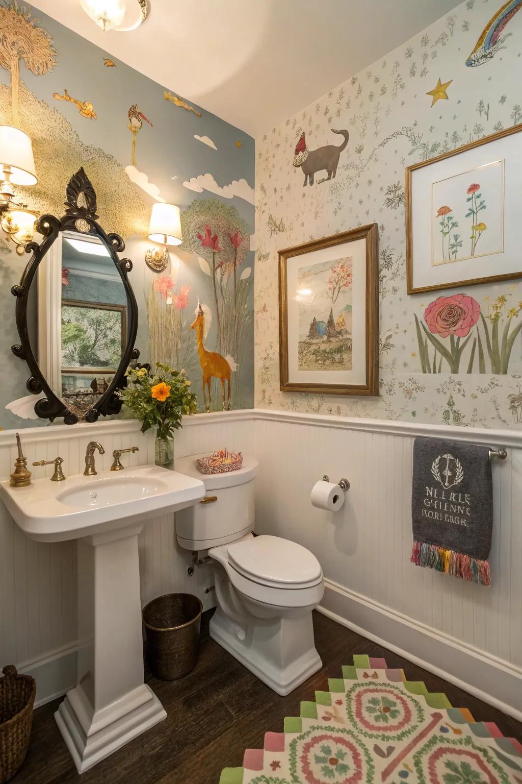 Whimsical art pieces enhancing a colorful powder room