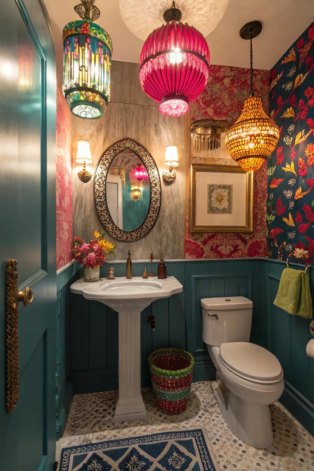 Twin pendant lights with colorful glass shades in powder room