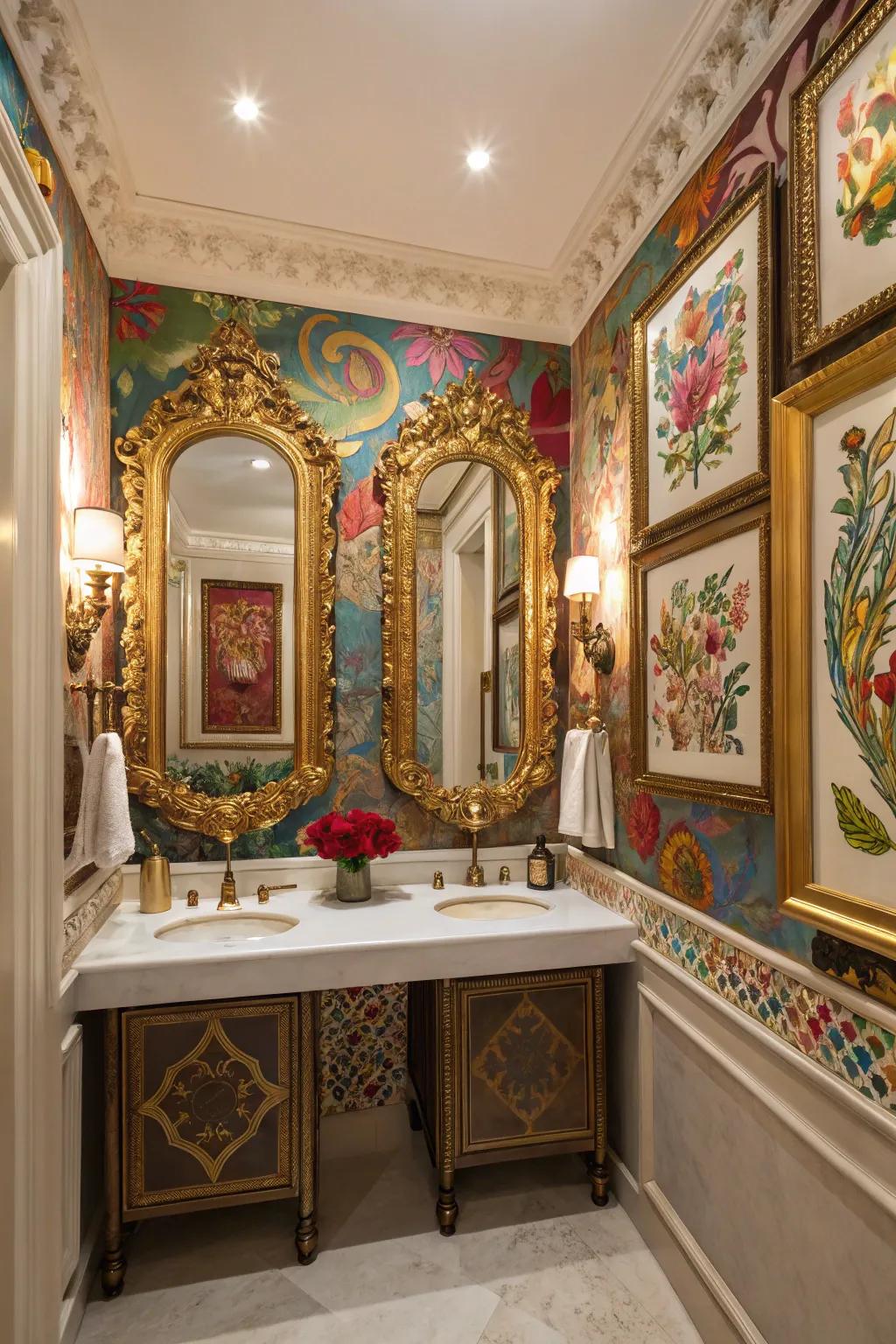 Ornate gilded mirror and colorful floral artwork in a powder room