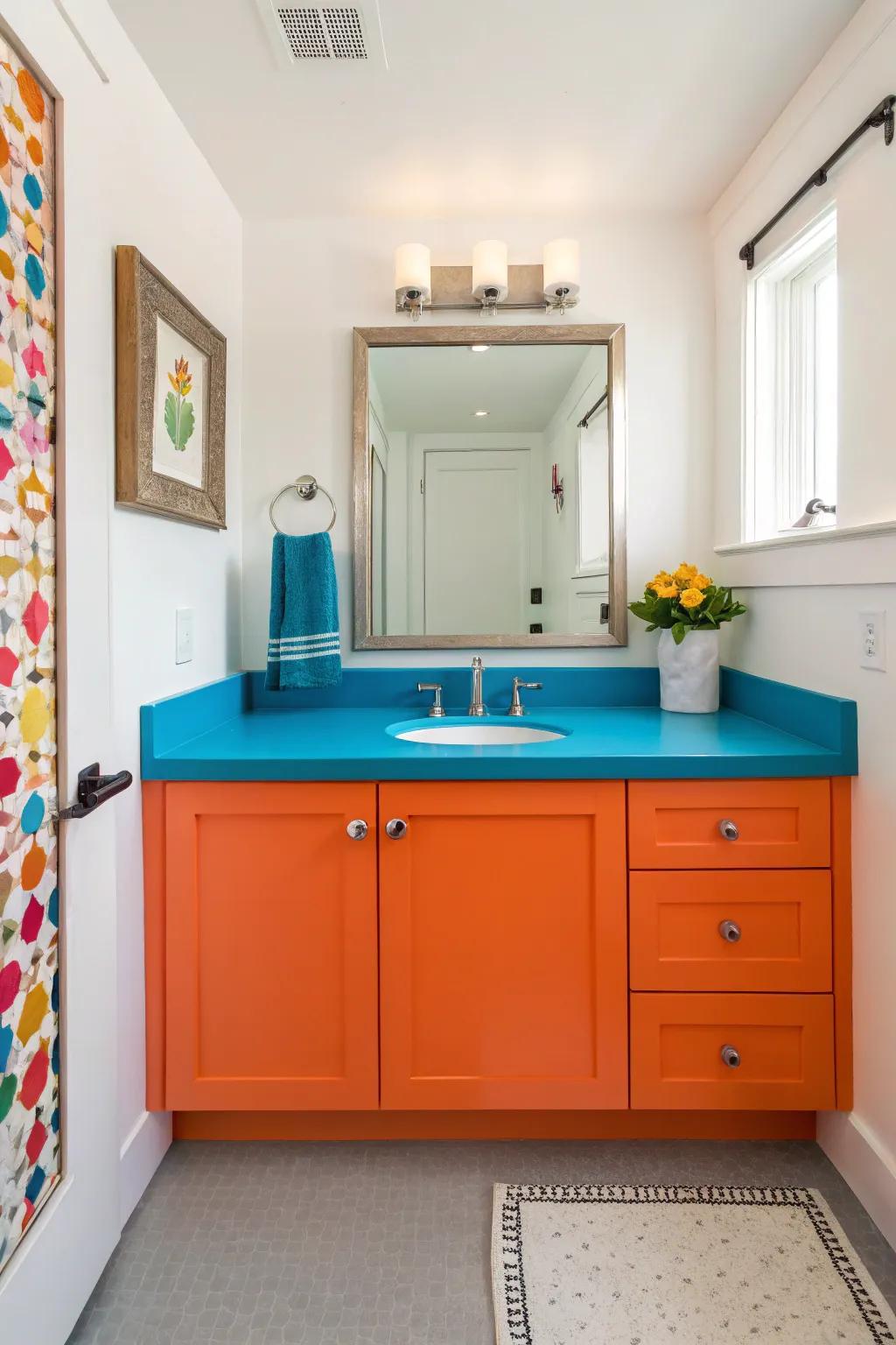 Colorful cabinetry contrasting with white fixtures in a powder room