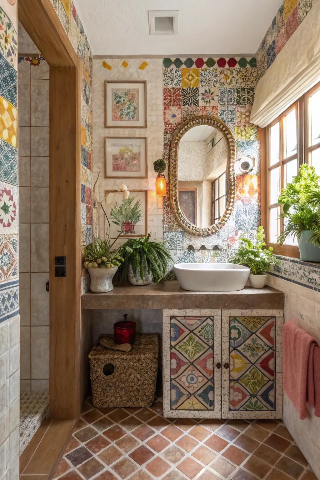 Close-up of textured colorful tiles in a powder room