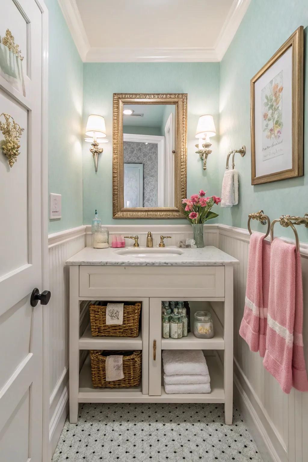 Compact powder room accentuated by clever color and storage