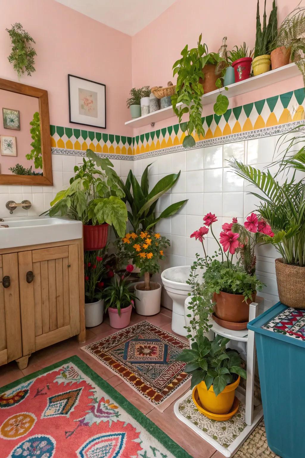 Lush green plants complement colorful powder room decor