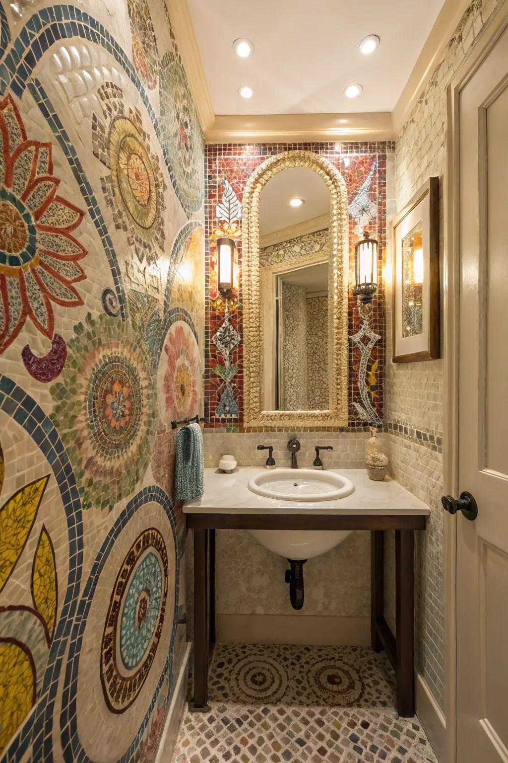 Mosaic tile artwork enriching powder room walls and floors