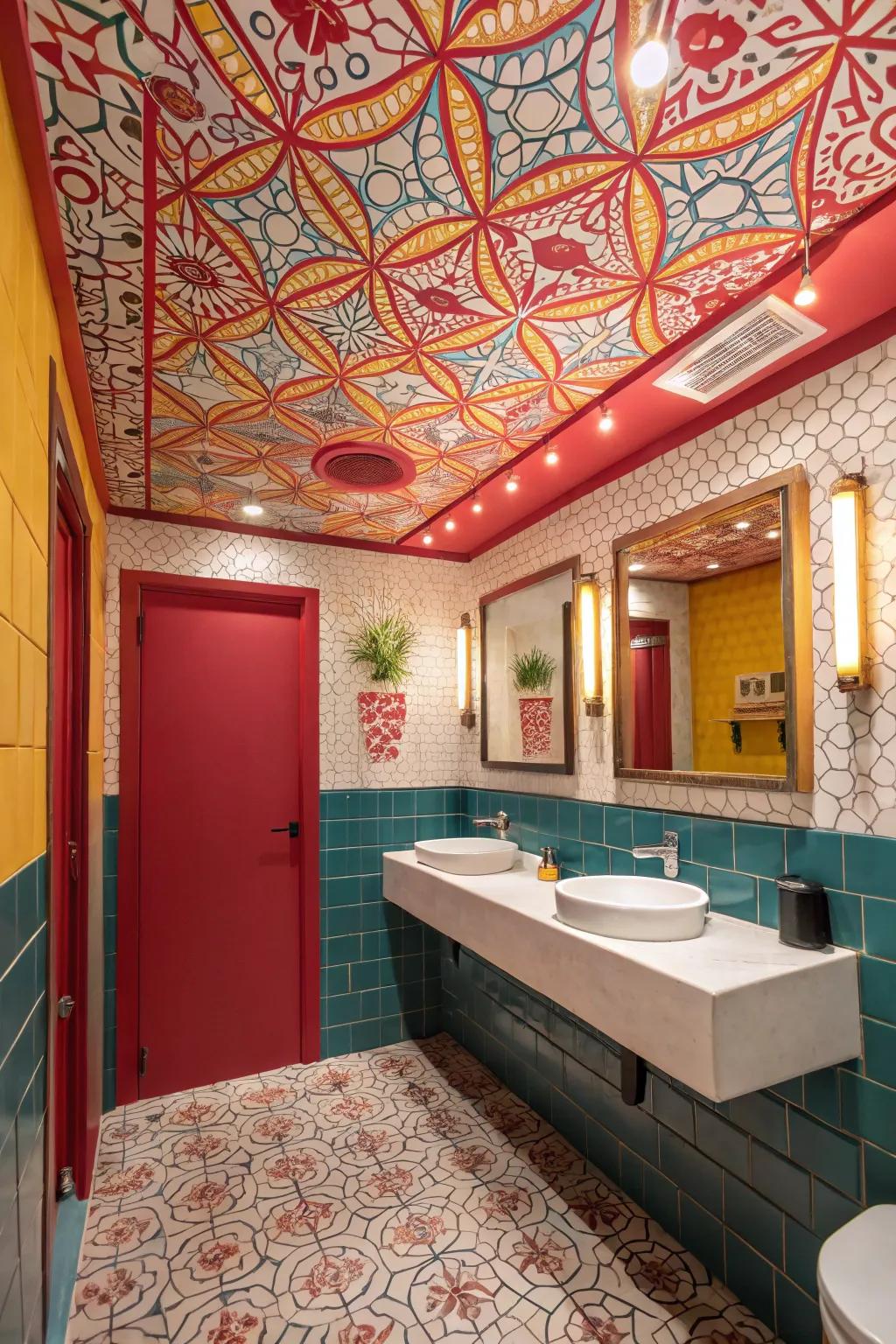 Powder room with dramatic patterned ceiling treatment