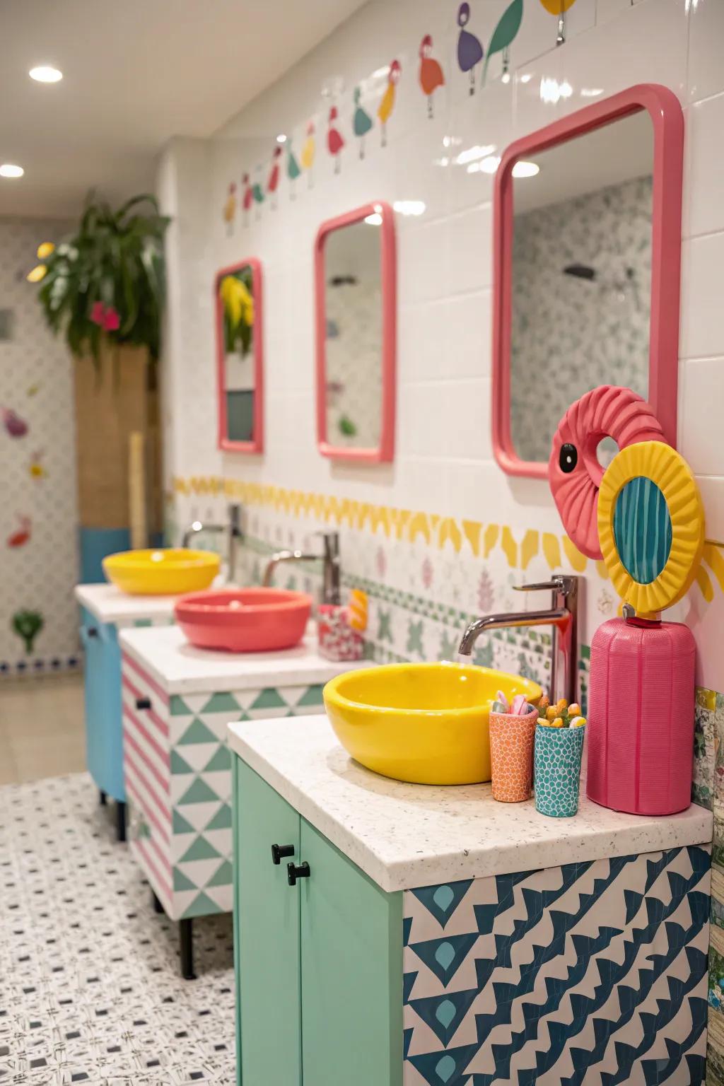 Vividly colored sink fixtures brighten powder room vibe
