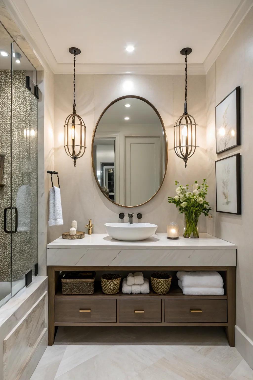Modern floating vanity enhances space in powder room