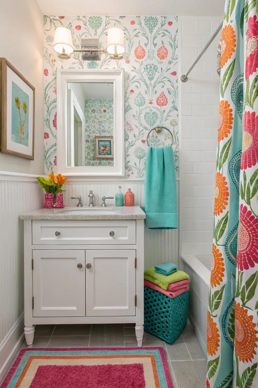 Coordinated towels and soap dispensers create cohesive look