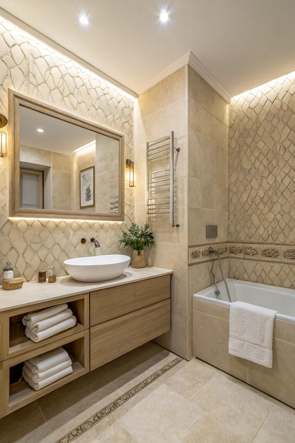 Textured tiles bring depth to a beige bathroom.