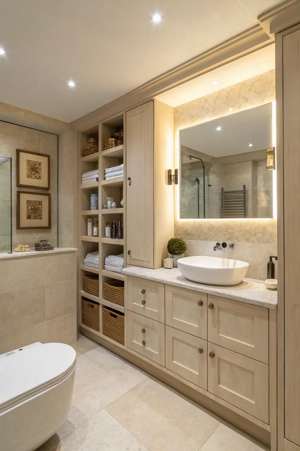 Integrated storage maintains a tidy, elegant bathroom.