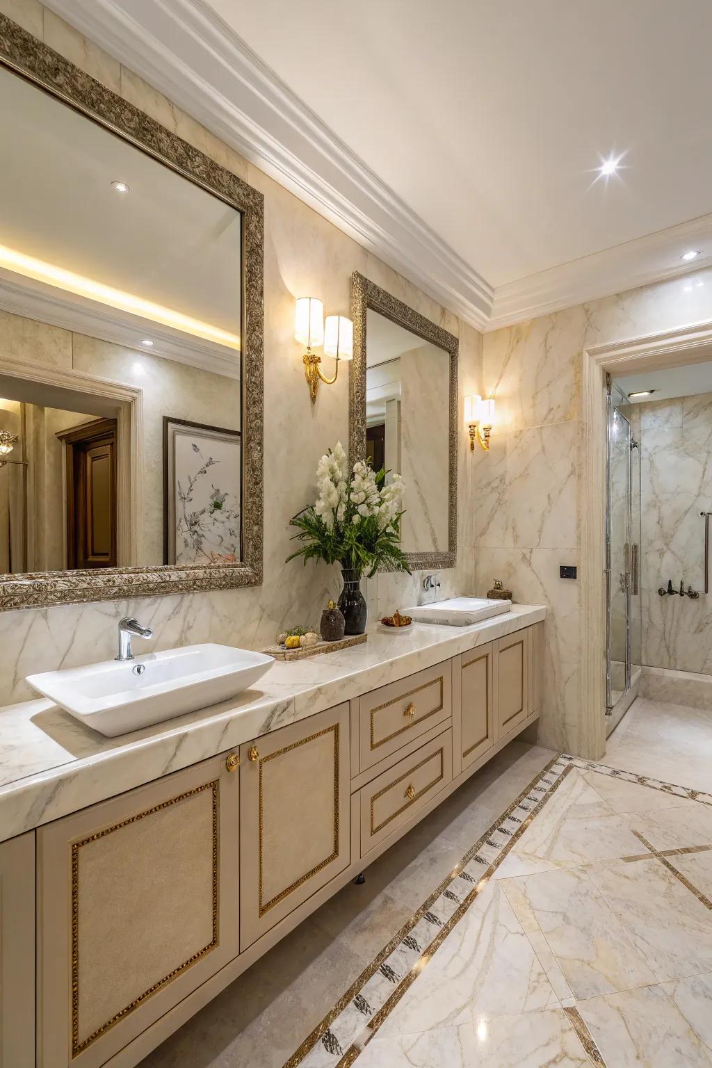 Marble accents bring luxury to a modern beige bathroom.