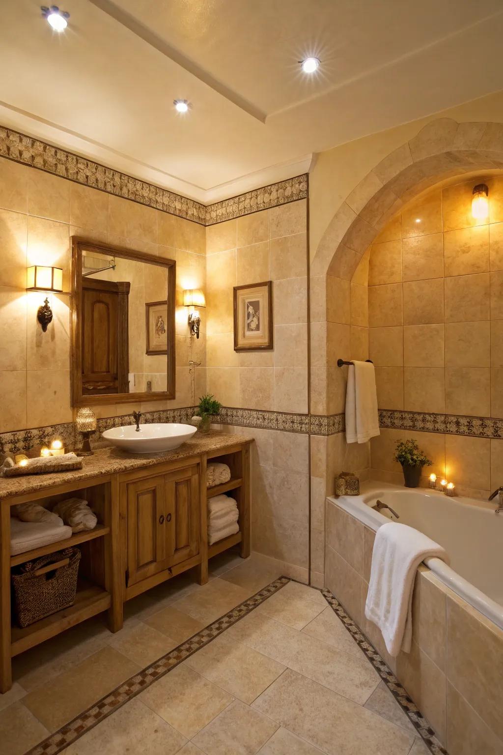 Warm lighting complements the serene tones of a beige bathroom.