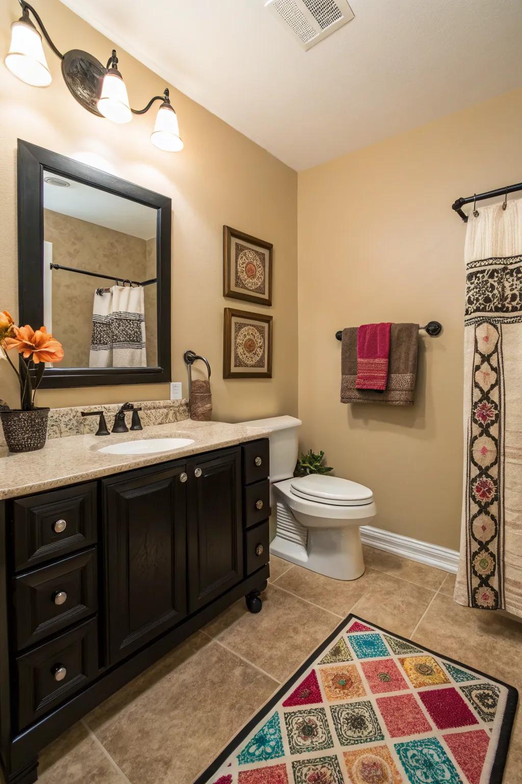 Black accents bring modern contrast to a beige bathroom.