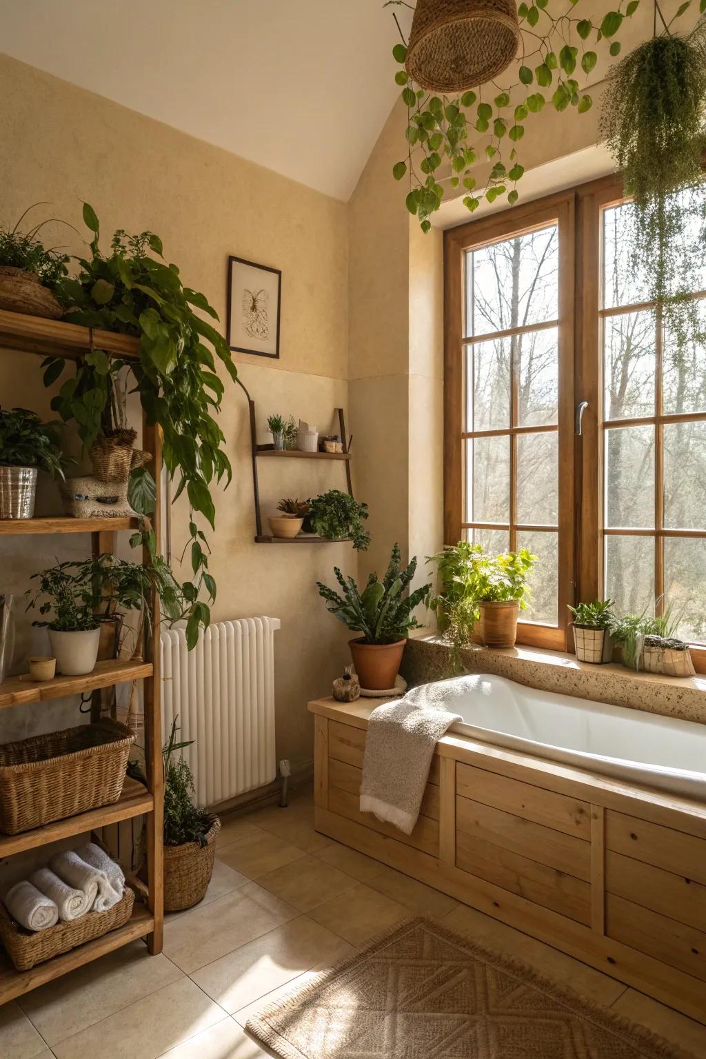 Plants add life and vibrancy to a beige bathroom.