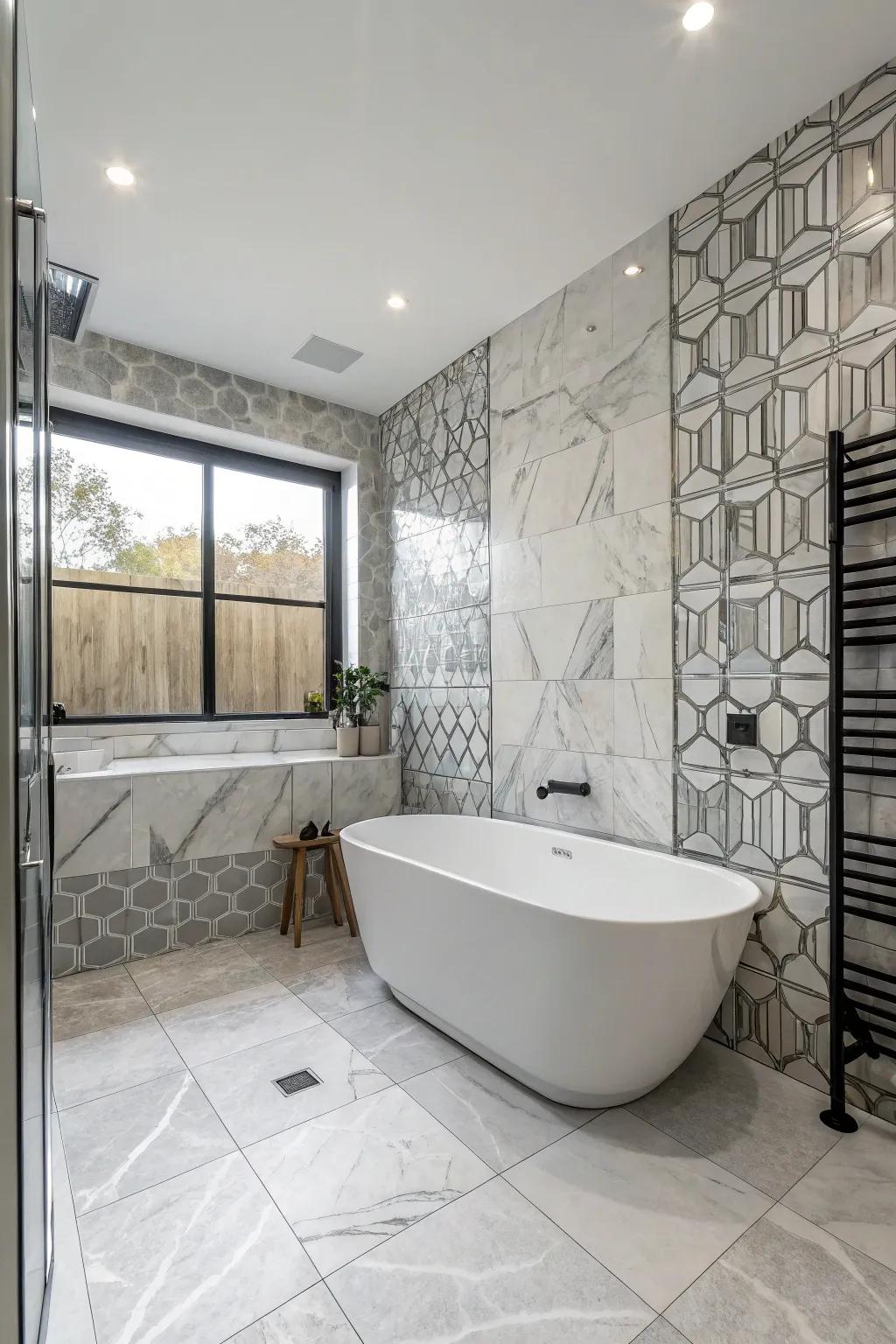 Marble tiles in gray and white elevate bathroom aesthetics.