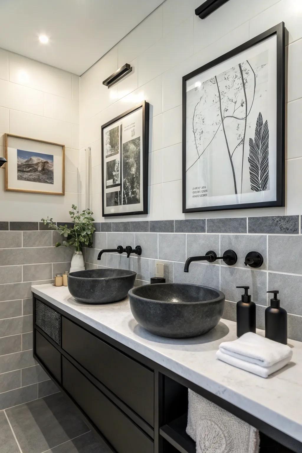 Black decorative touches add sophistication to gray and white bathroom.