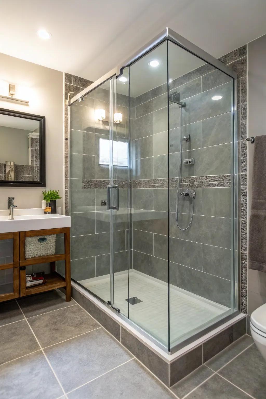 Frameless glass shower enclosures create openness.
