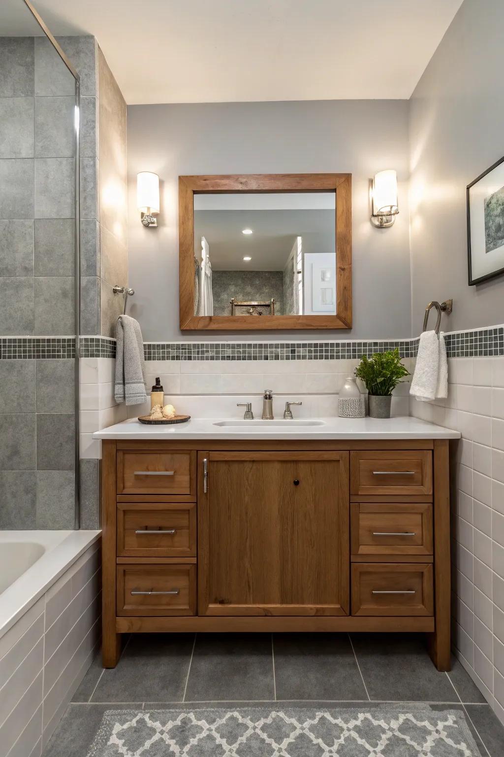 Wooden features add warmth to gray and white bathrooms.