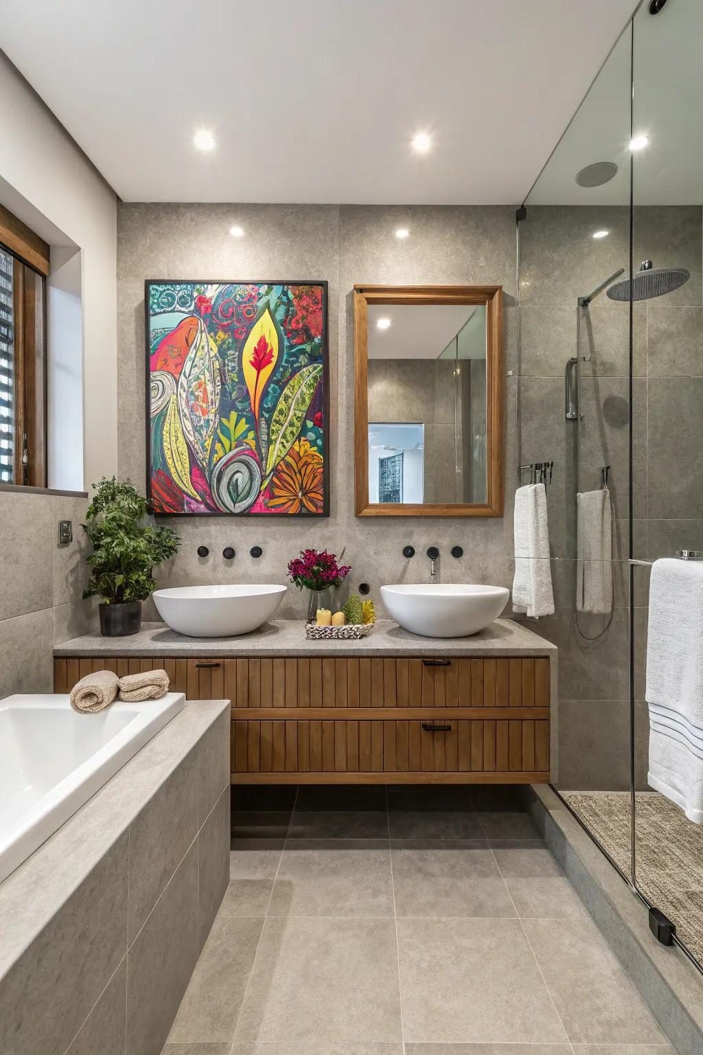Colorful accents add dynamic energy to bathroom decor.