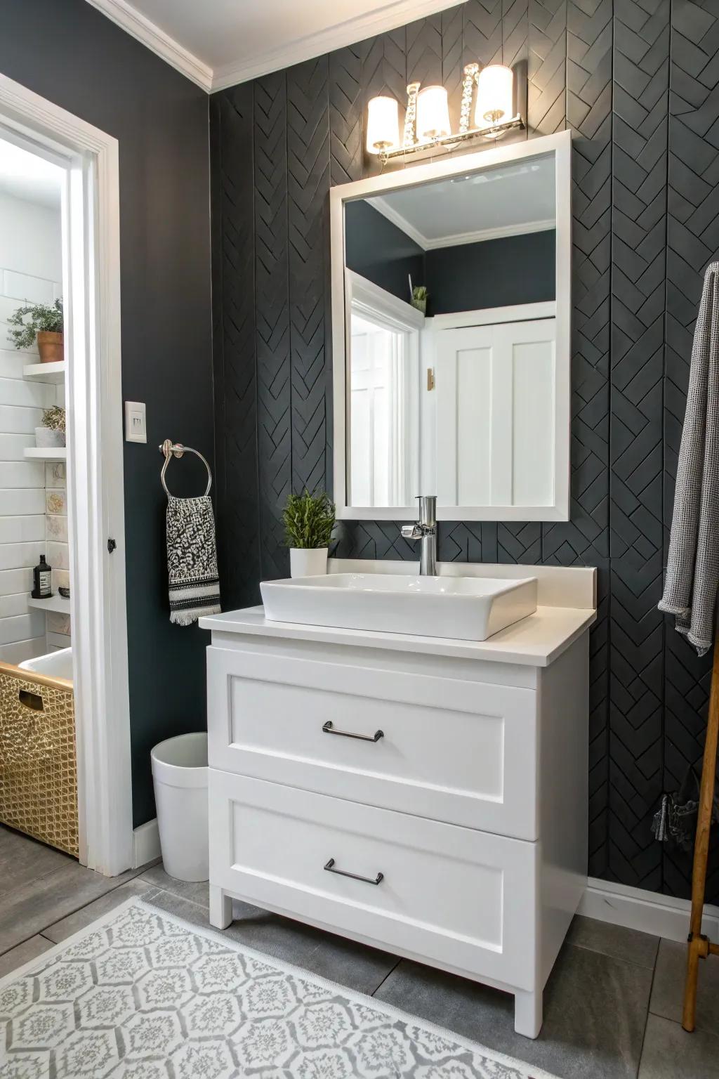 Dark gray accent wall adds depth and drama.