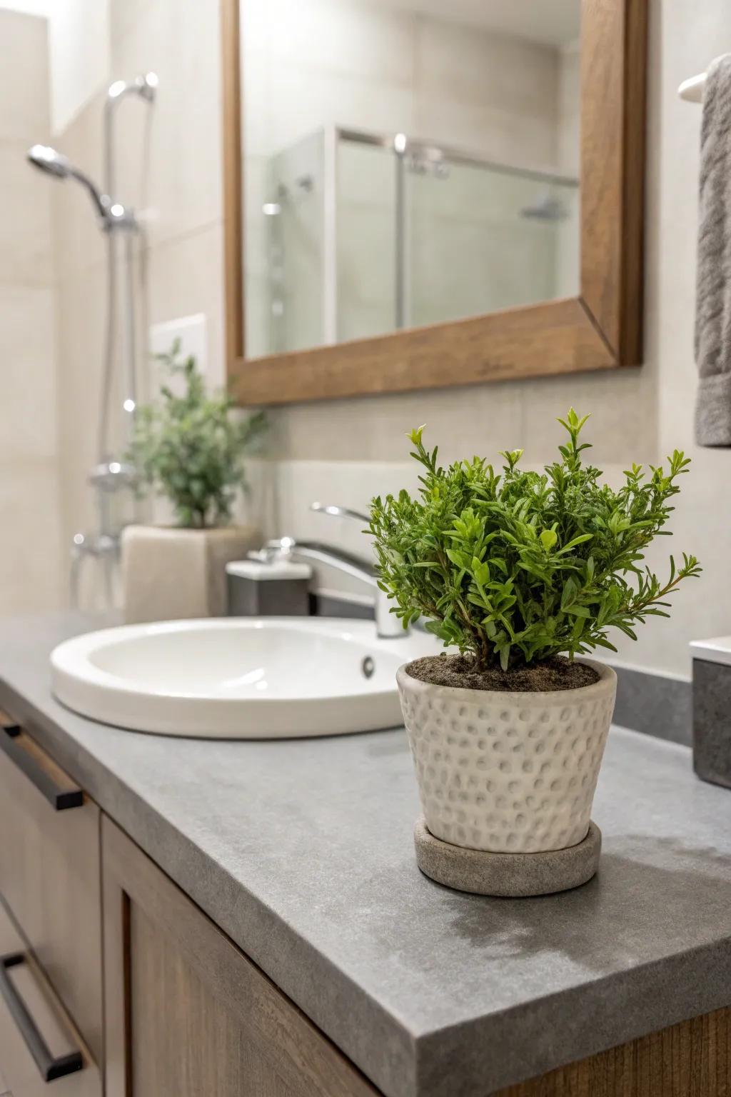 Green plants boost freshness in gray and white bathrooms.