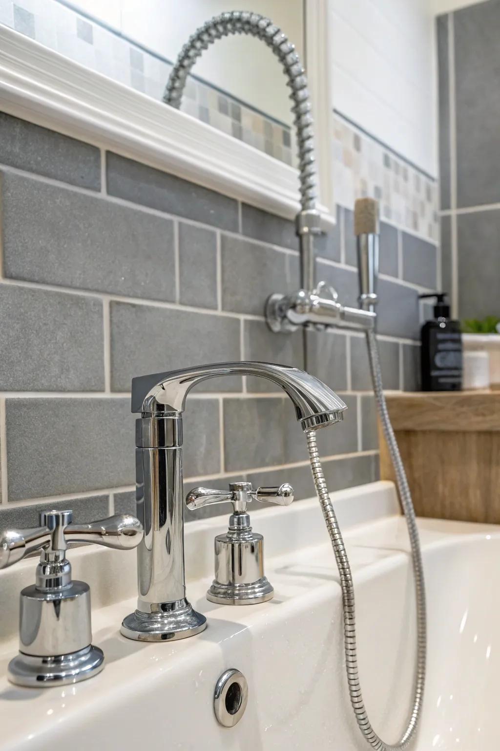 Chrome fixtures add a sleek, reflective finish.