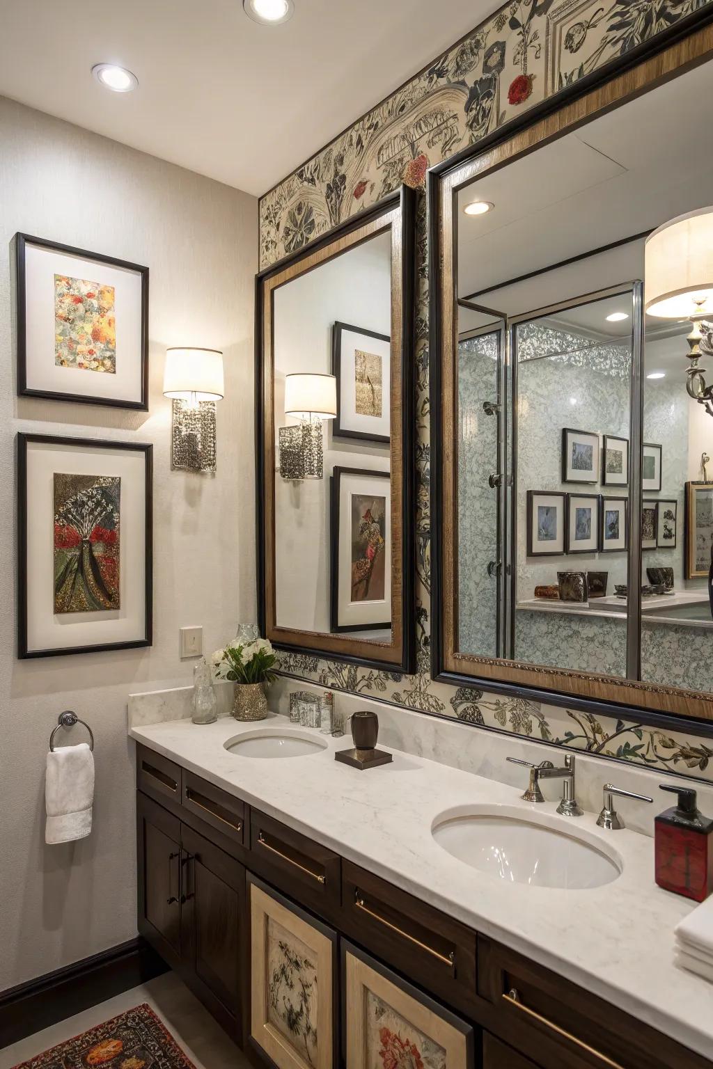 Bathroom combining art and mirrors to create spaciousness and elegance.