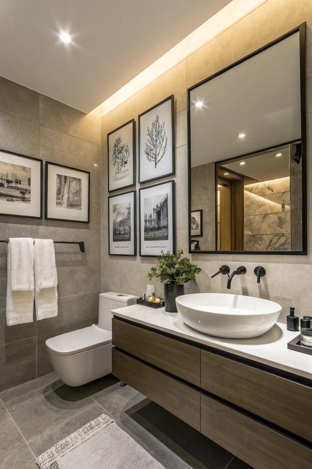 Minimalist bathroom adorned with black and white prints for a modern feel.