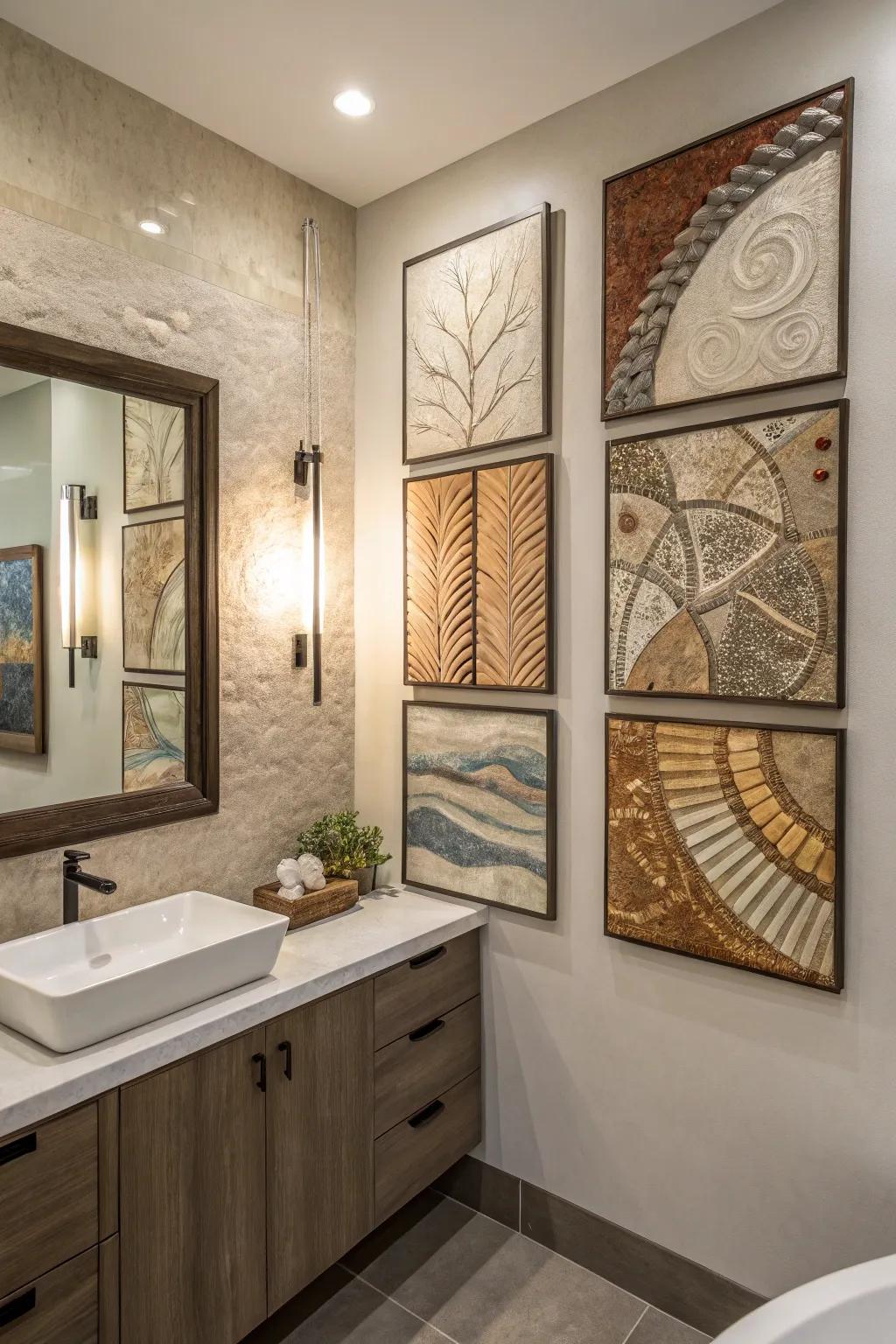 Bathroom displaying mixed media art with rich textures and depth.