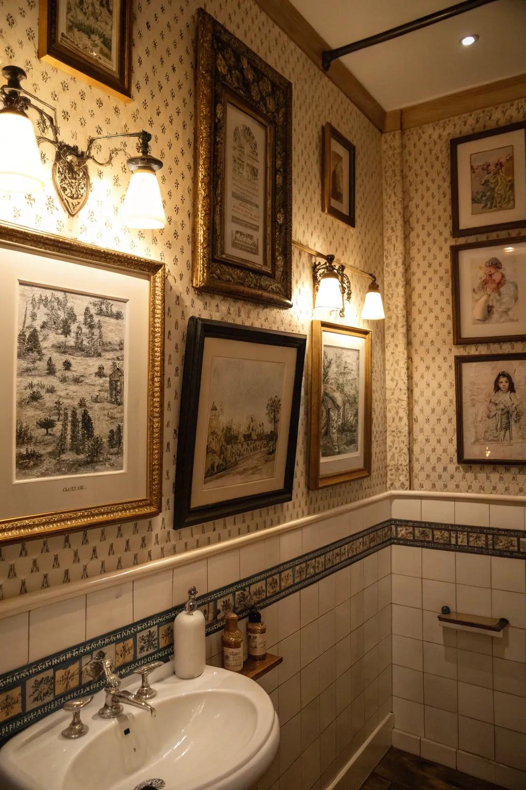 Bathroom highlighted with vintage-inspired art in ornate frames for timeless charm.