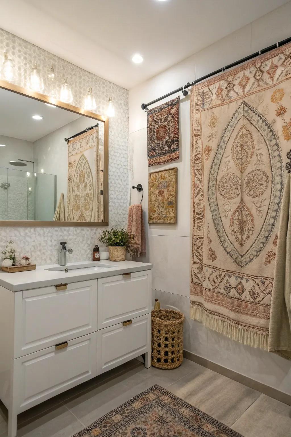 Bathroom featuring fabric wall art adding softness and inviting texture.