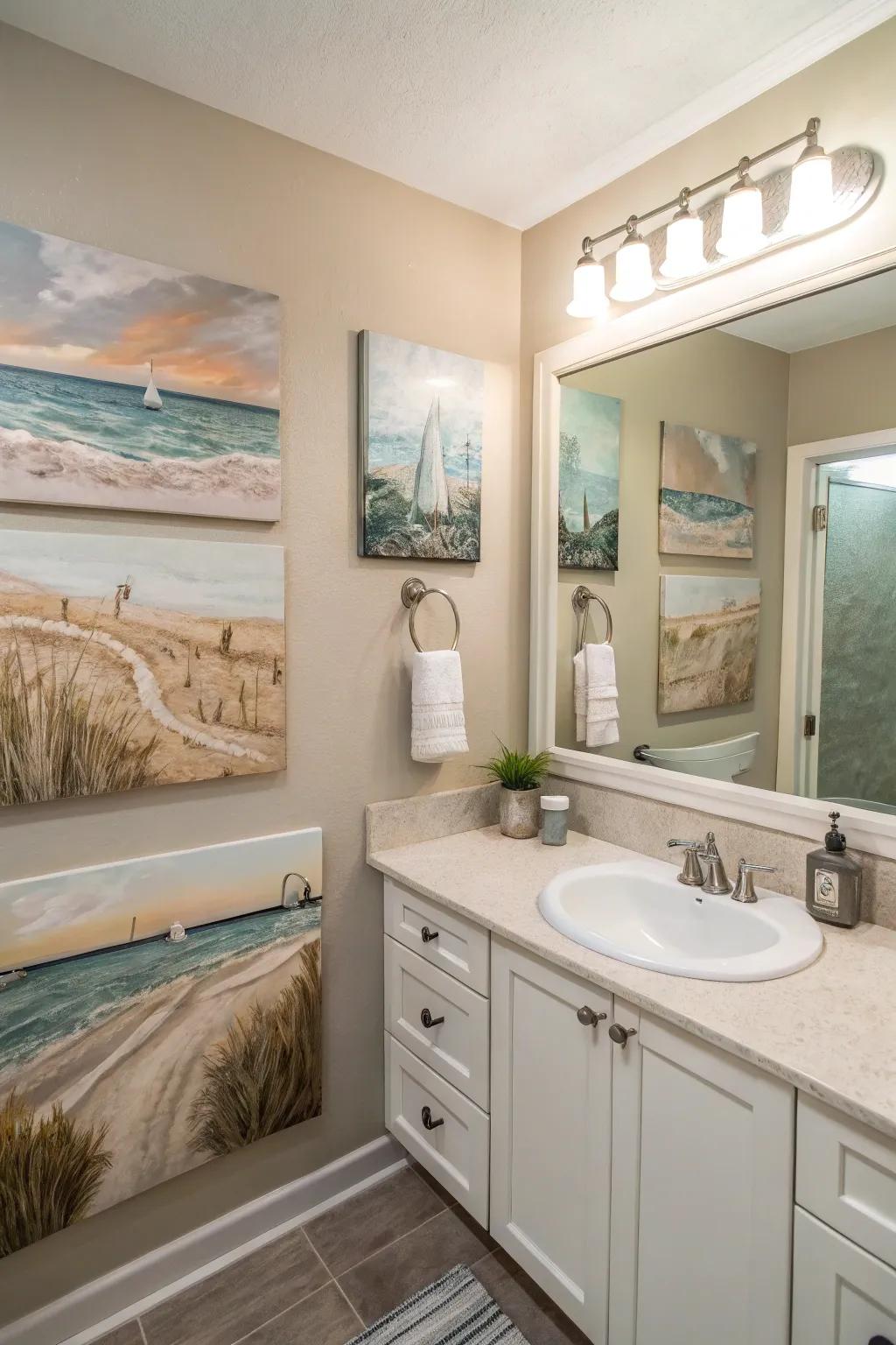 A bathroom with coastal-themed art that evokes the tranquility of the sea.