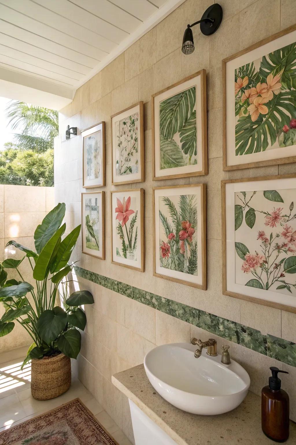 Bathroom displaying serene botanical prints to evoke nature's calm.