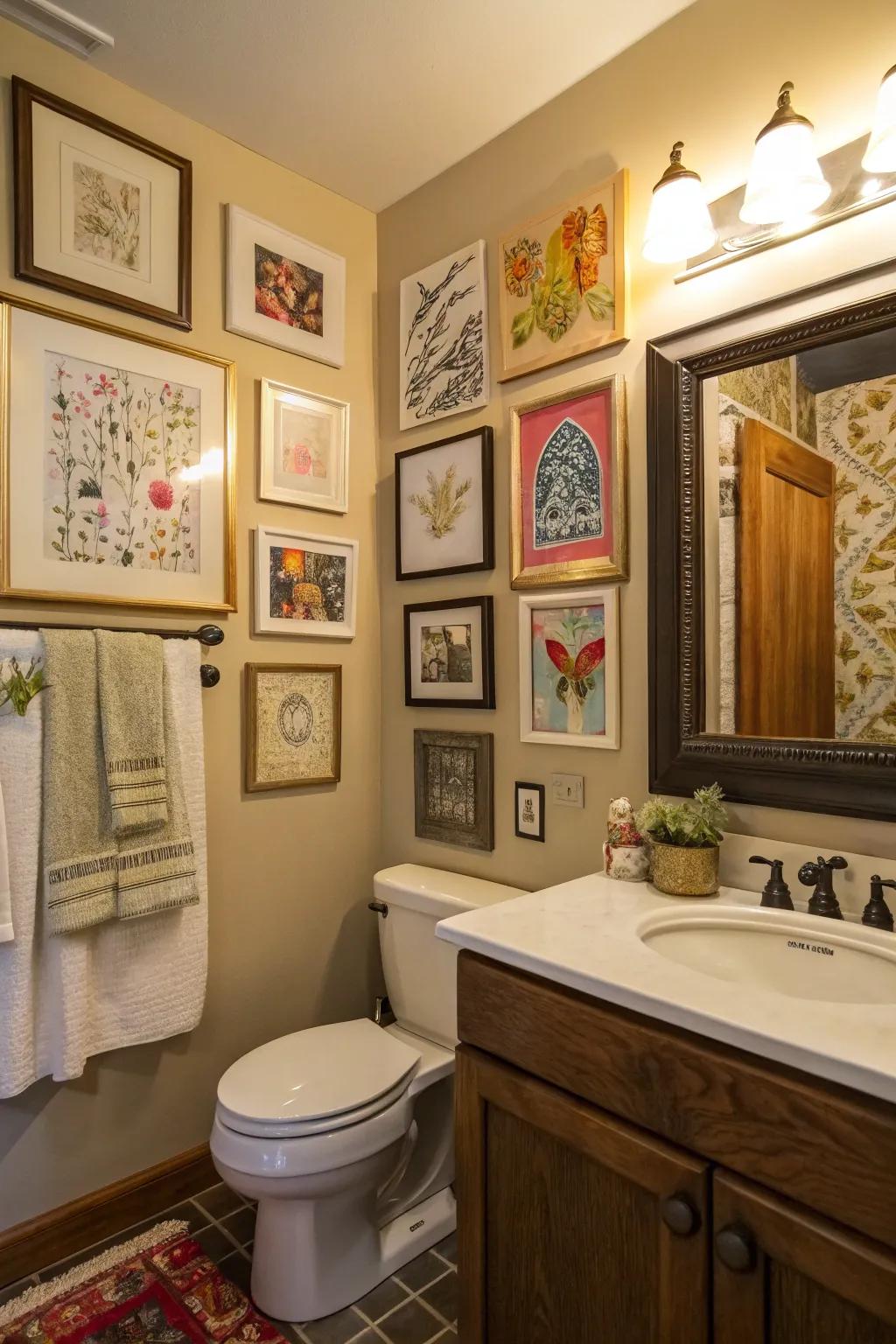 A bathroom with an eclectic gallery wall showcasing diverse art styles and frame designs.