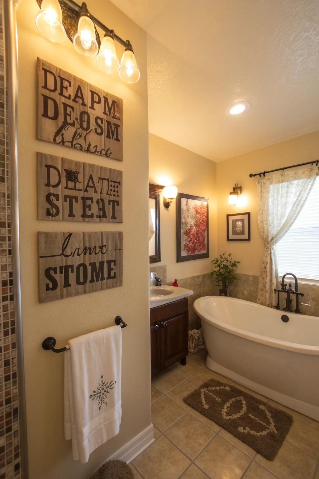 Bathroom enhanced by inspiring typography artwork adding personality.