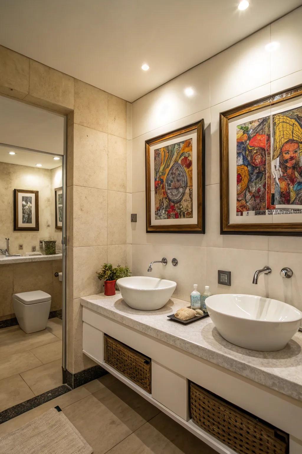 Bathroom featuring wall art serving as a captivating focal element.