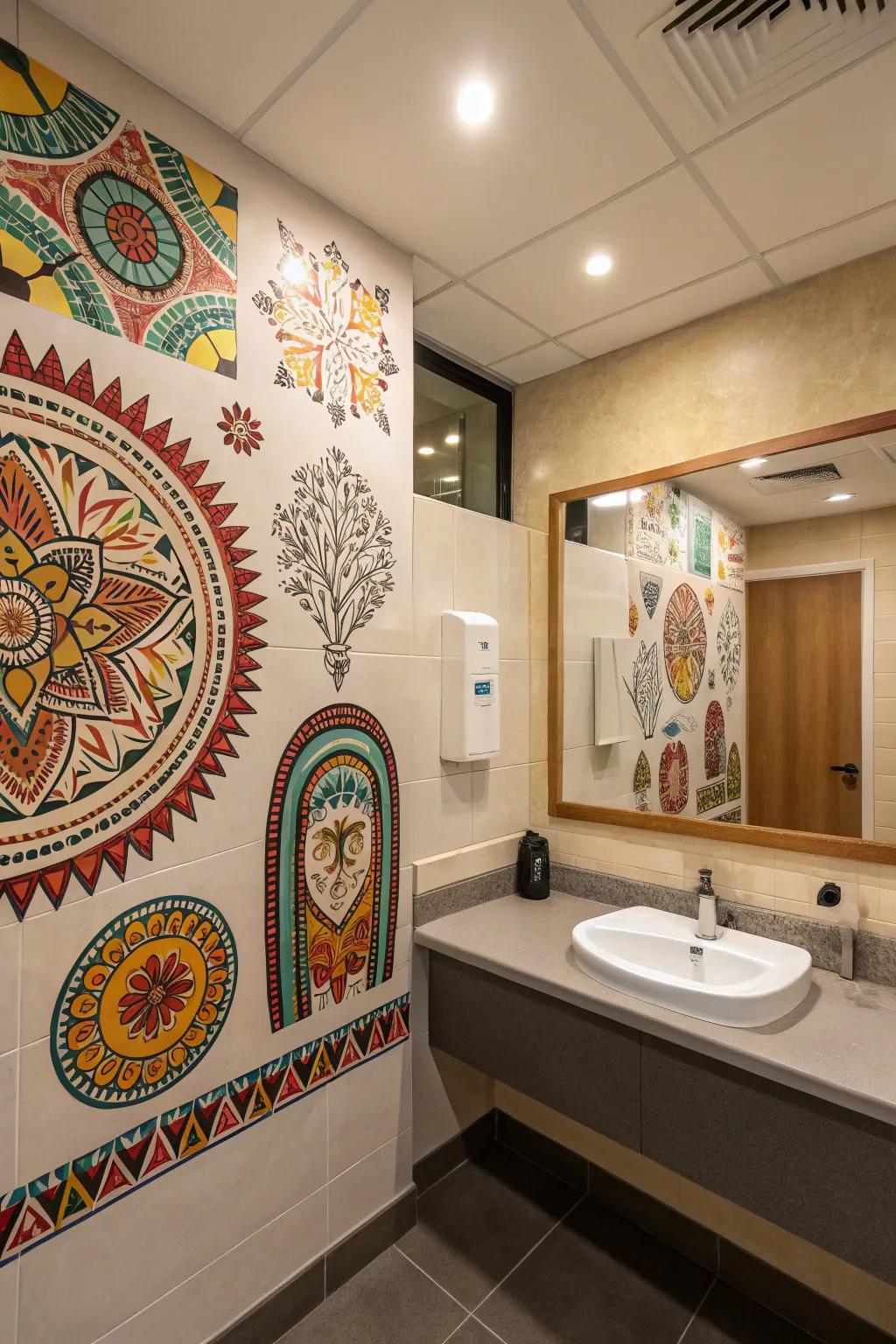 Bathroom decorated with culturally inspired artwork illustrating heritage and stories.