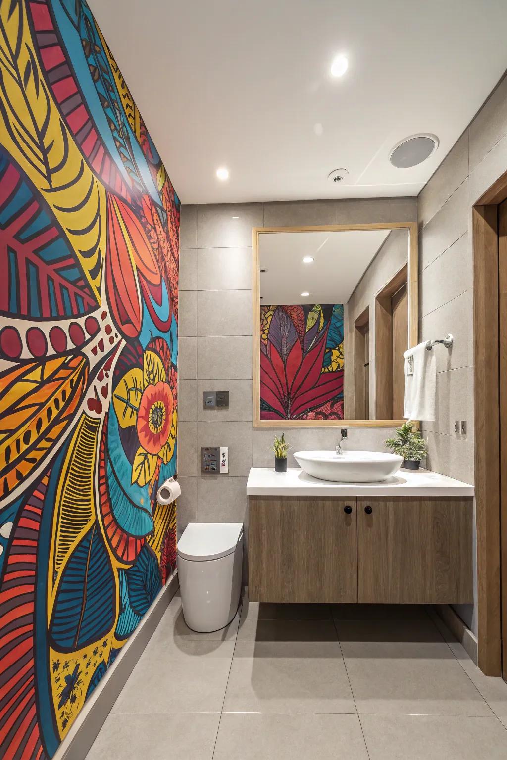 Bathroom featuring striking abstract art that commands attention.